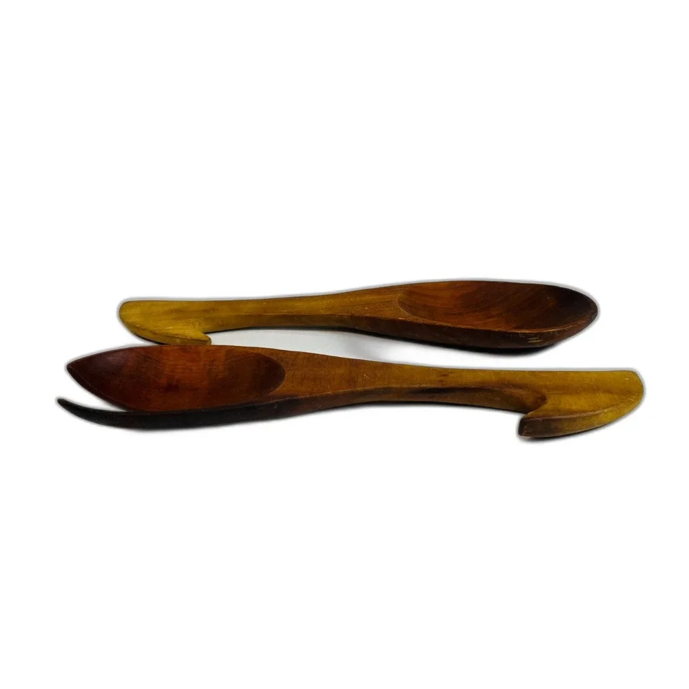 Vintage Monkey Pod Wood Serving Utensils Sleek Modern